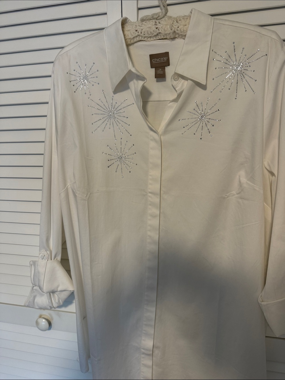 Chico's Cream Button-Front Shirt with Crystal Starburst Accents